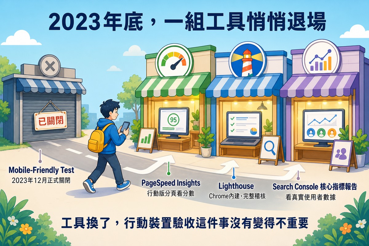 一條街道,左邊一間店面拉下鐵門掛著已關閉的牌子標示為Mobile-Friendly Test2023年12月正式關閉,一個人朝右邊走去,右邊是三間發亮營業中的店面分別標示PageSpeed Insights行動版分頁看分數、Lighthouse Chrome內建完整稽核、Search Console核心指標報告看真實使用者數據,底部文字寫著工具換了行動裝置驗收這件事沒有變得不重要