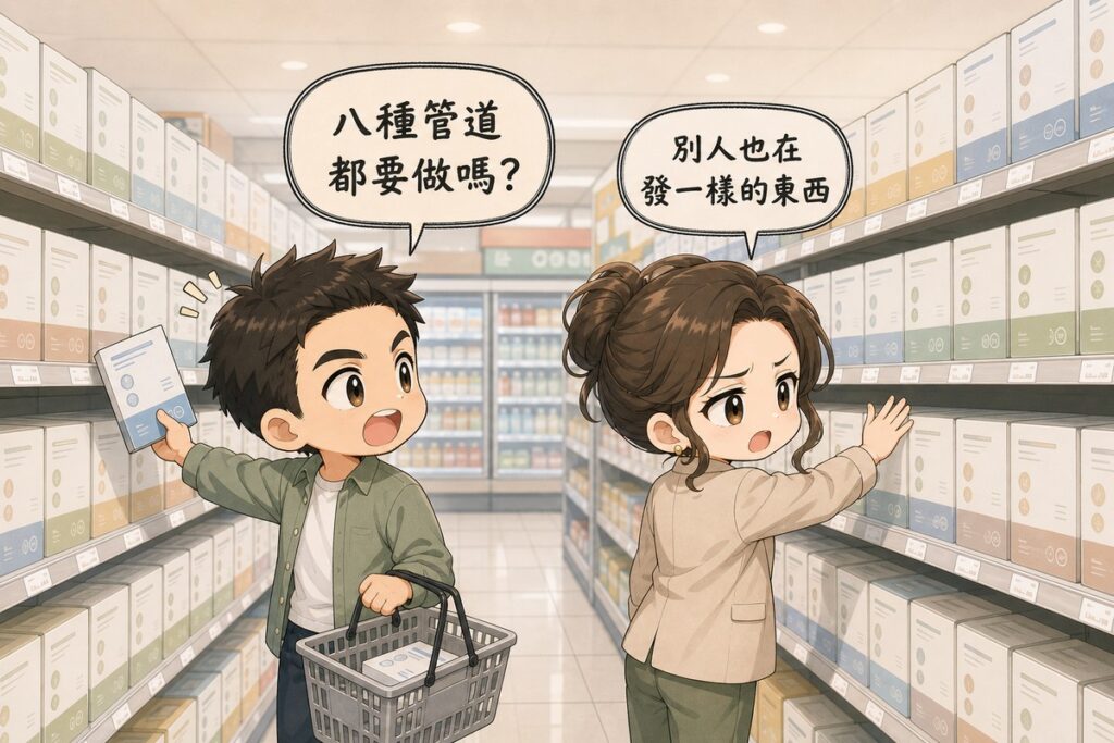 Q版插畫，兩位行銷人員站在便利商店走道上，貨架上每一個商品包裝看起來幾乎一模一樣