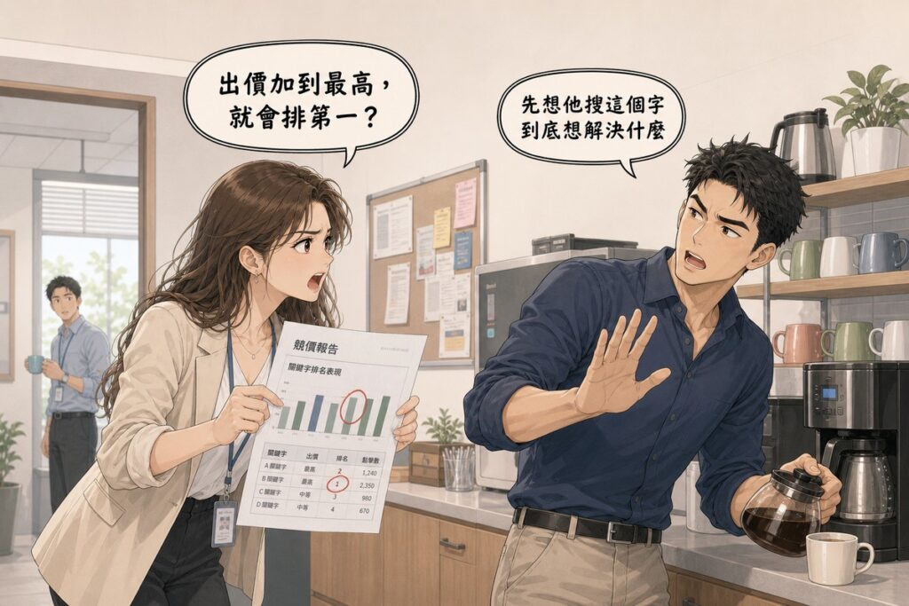 一位女性行銷人員在辦公室茶水間舉著競價報表提問，正在倒咖啡的男性資深行銷人員回頭向她說明
