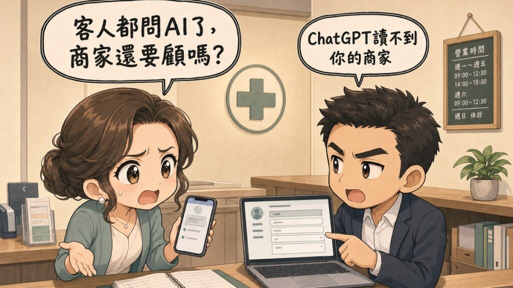 診所櫃檯前,一名老闆娘舉著手機著急發問「客人都問AI了,商家還要顧嗎?」,右側的行銷顧問看著她、指著筆電上的商家資料表回答「ChatGPT讀不到你的商家」。