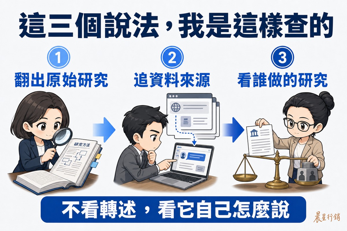 三個步驟橫向排列並以粗箭頭相連:第一步翻出原始研究,用放大鏡讀方法頁;第二步追資料來源,從對話視窗往回追到一疊網頁;第三步看誰做的研究,把文件放到天平上秤。