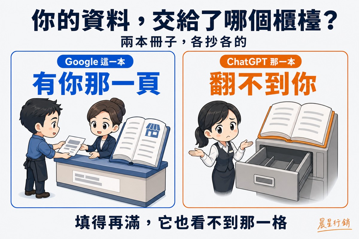 左右兩欄對照:左欄店主把表格遞給櫃檯,櫃檯後的厚冊子上有一筆填好的店家資料;右欄另一名人員拉開檔案抽屜卻空無一物,攤手聳肩。