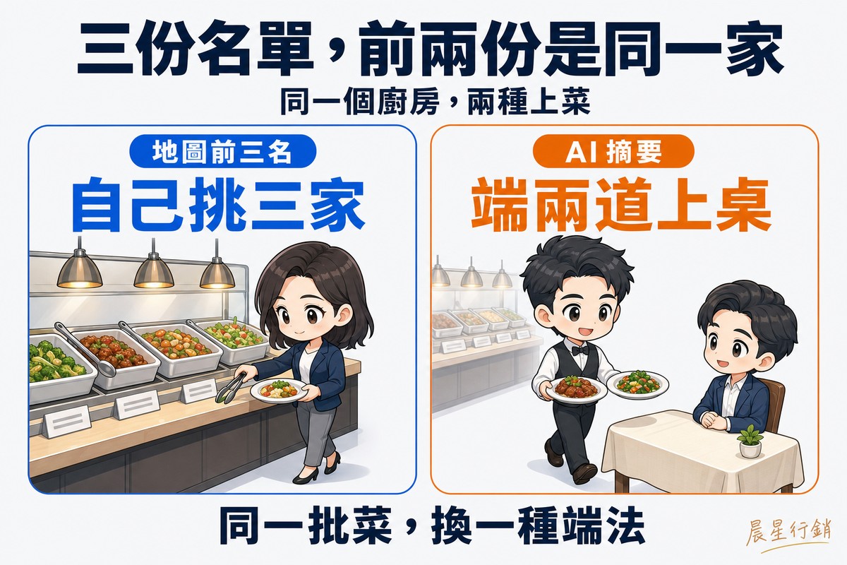 左右兩欄對照:左欄是自助吧檯,客人自己拿盤子挑菜,代表地圖前三名;右欄是服務生直接端兩盤菜到桌上,代表 AI 摘要。兩者共用同一個廚房。