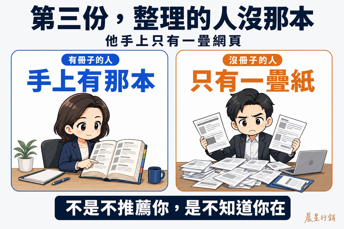 左右兩欄對照:左欄有人從容翻著一本厚厚的商家名冊、手指停在一筆資料上;右欄有人被散落的網頁紙張包圍,拿著兩張紙對照、皺眉拼湊一家店的樣子。