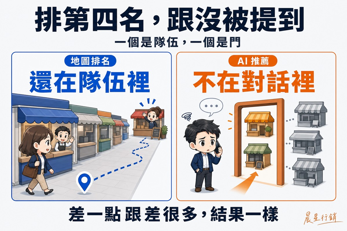 左右兩欄對照:左欄是市場攤位街,客人走過前面幾攤仍看得到後面那攤、攤主向她揮手;右欄有人講電話,旁邊一道窄門只讓兩個店家圖示通過,其餘店家在門外變成灰色。