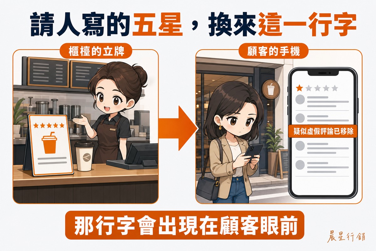 因果兩段以粗箭頭相連:左段櫃檯放著寫有「寫五星送飲料」的立牌和一杯飲料,店員招手示意;右段顧客站在店門口低頭看手機,評論頁上橫著一條警示字條寫著「疑似虛假評論已移除」。