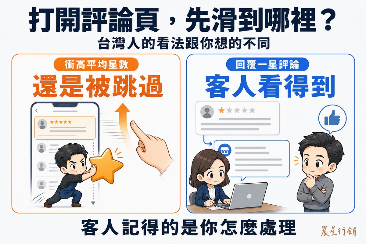 左右兩欄對照:左欄店主用雙手把大星星往上推,旁邊顧客的手指卻直接滑過頁面頂端往下捲;右欄店主在一則低星評論下方寫下誠懇回覆,顧客讀著回覆點頭。