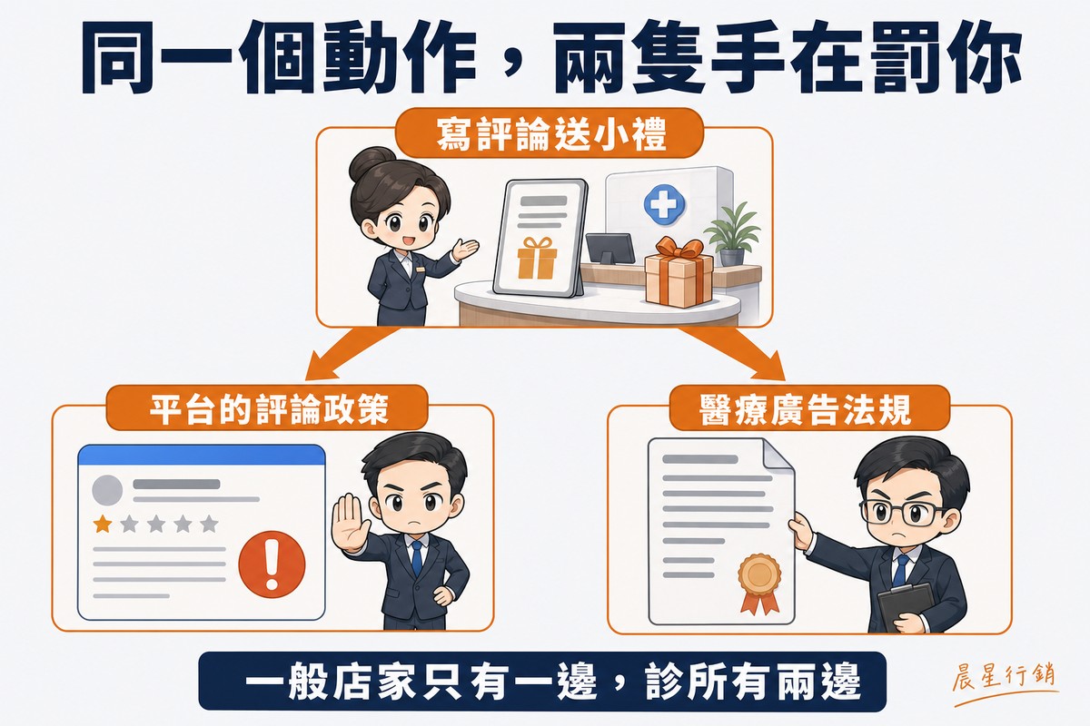 上方一張「寫評論送小禮」的診所櫃檯卡片,往下分出兩支粗箭頭指向兩張後果卡片:左邊是被標上警告的評論頁與比出停止手勢的人,右邊是蓋著印章的正式公文與神情嚴肅的人員。