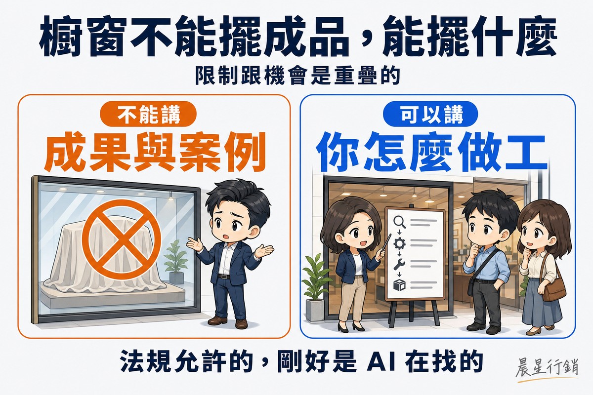 左右兩欄對照:左欄櫥窗裡的展示台被布蓋住並打上叉,專業人士在旁攤手;右欄同一位專業人士站在門口,用小白板示範工作流程,兩位路人停下來專注觀看。