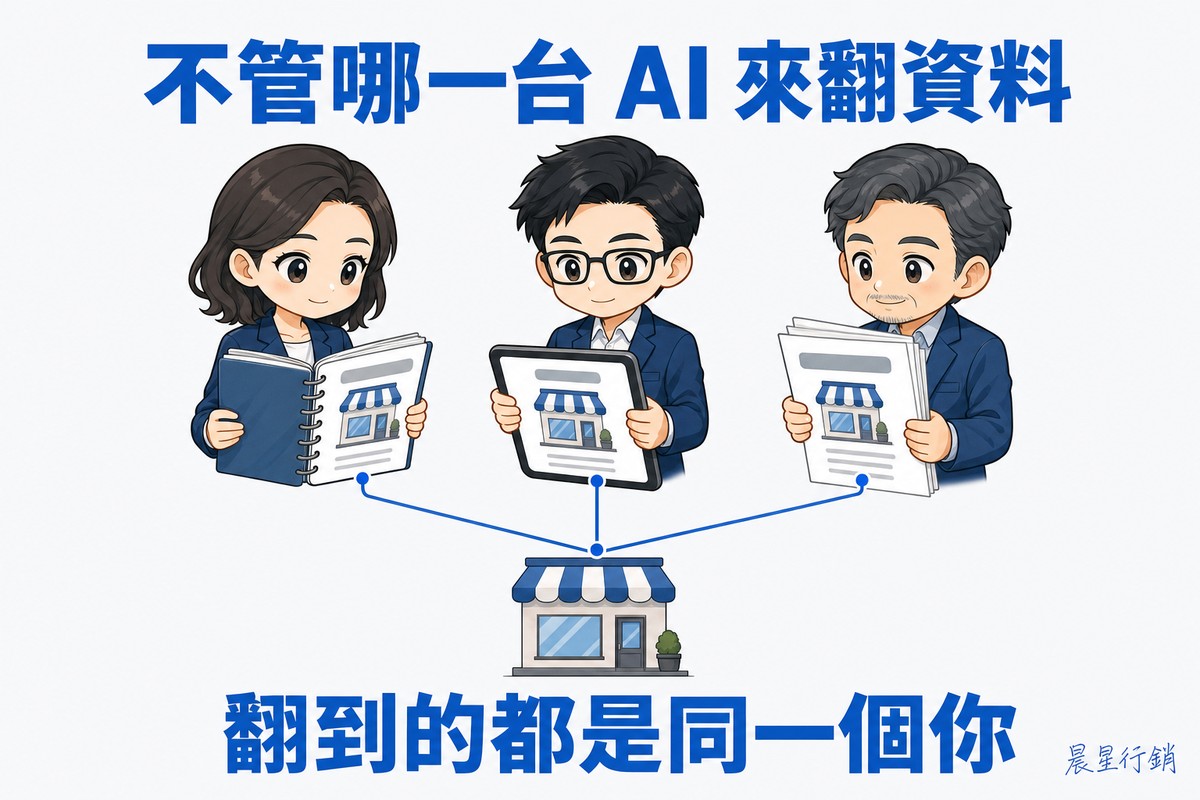 三個外型不同的助理角色並排,各自拿著厚筆記本、平板與一疊紙張,三份資料翻到的那一頁都顯示同一張店家資料卡,三條細線往下匯集到中央同一個店家圖示。