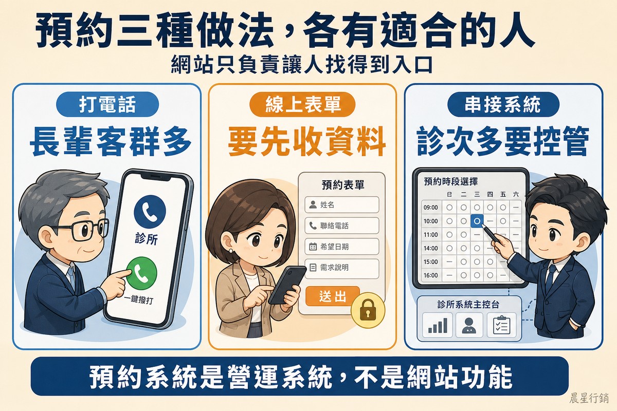 三欄並列:打電話那欄長輩病人按下手機上的大型一鍵撥號按鈕、線上表單那欄病人在手機上填短表單且送出鍵旁有小鎖圖示、串接系統那欄病人從整齊的時段日曆挑選並連向診所後台主機。