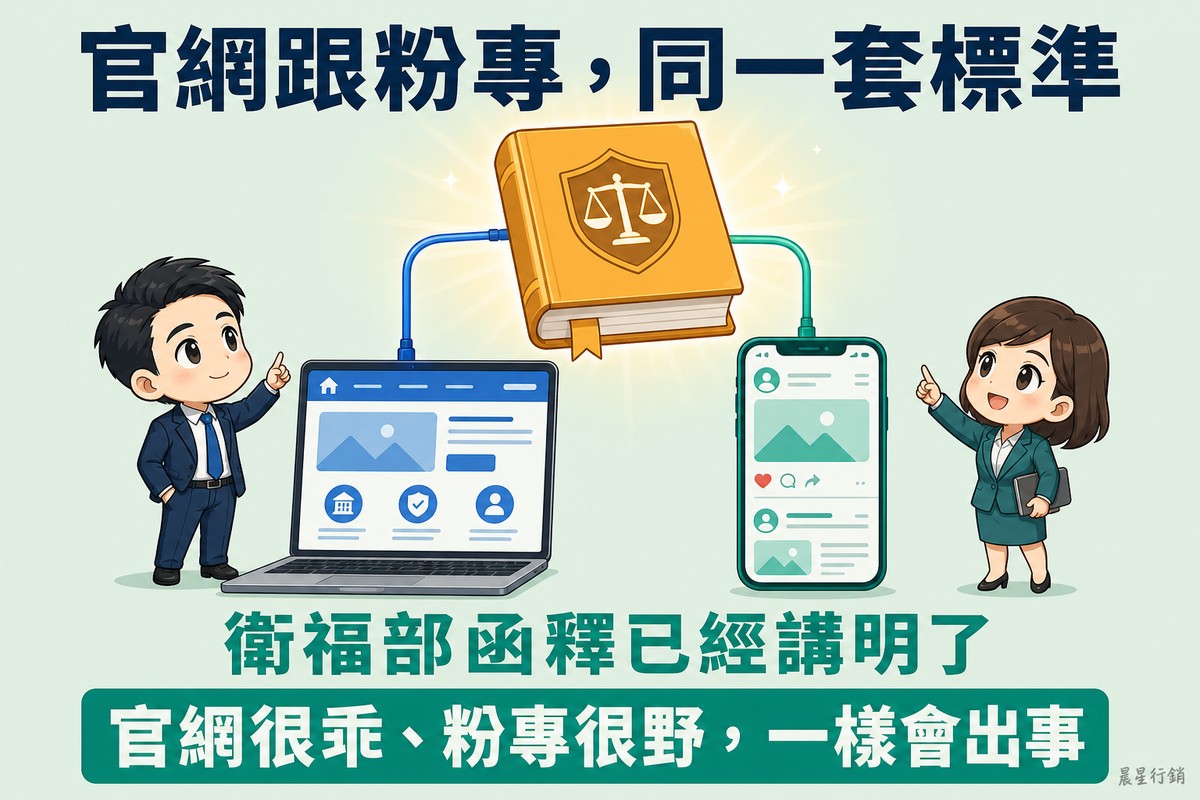 畫面上方浮著一本橘色規則手冊,兩條線分別連到下方的藍色筆電(顯示診所官網)與綠色手機(顯示診所社群頁面),兩位員工各站一台前面,同時抬頭看著同一本手冊。