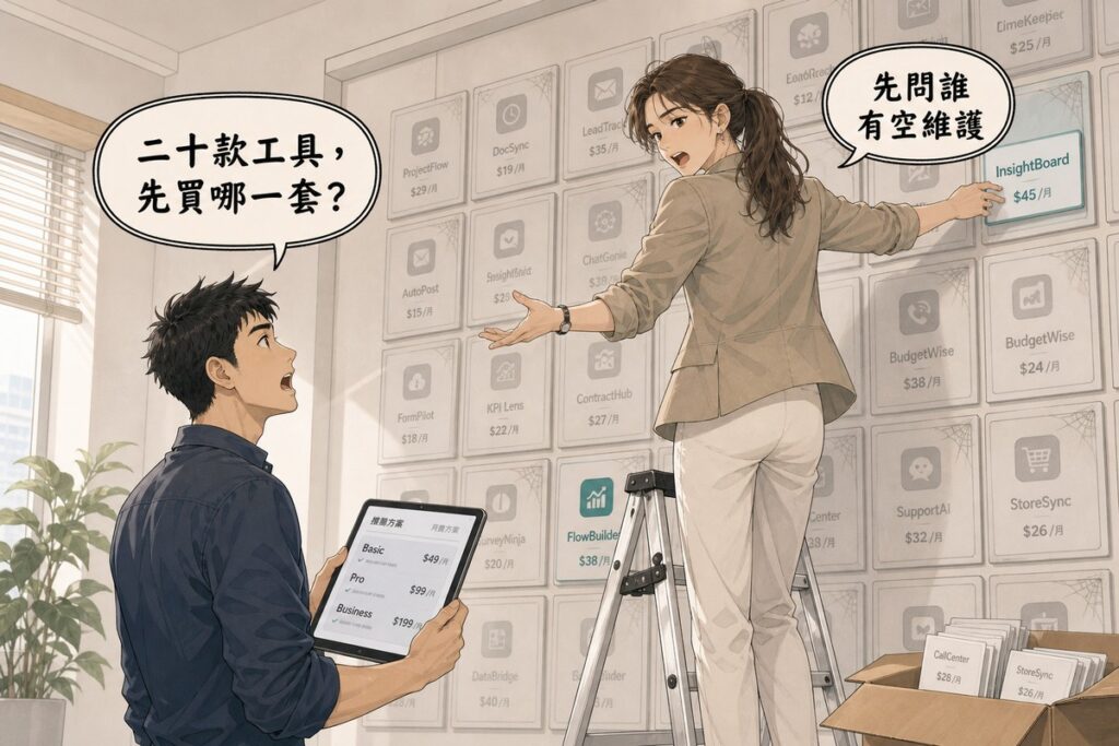 一位男性業主在一整面訂閱工具卡片牆下方仰頭提問，站在梯子上的女性主管一邊貼上新卡片一邊回答