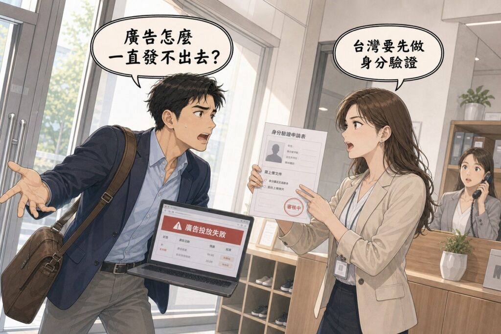 一位男性業務背著包剛走進辦公室，手上的筆電跳出紅色警告，女性同事舉著驗證表單擋在他前面說明