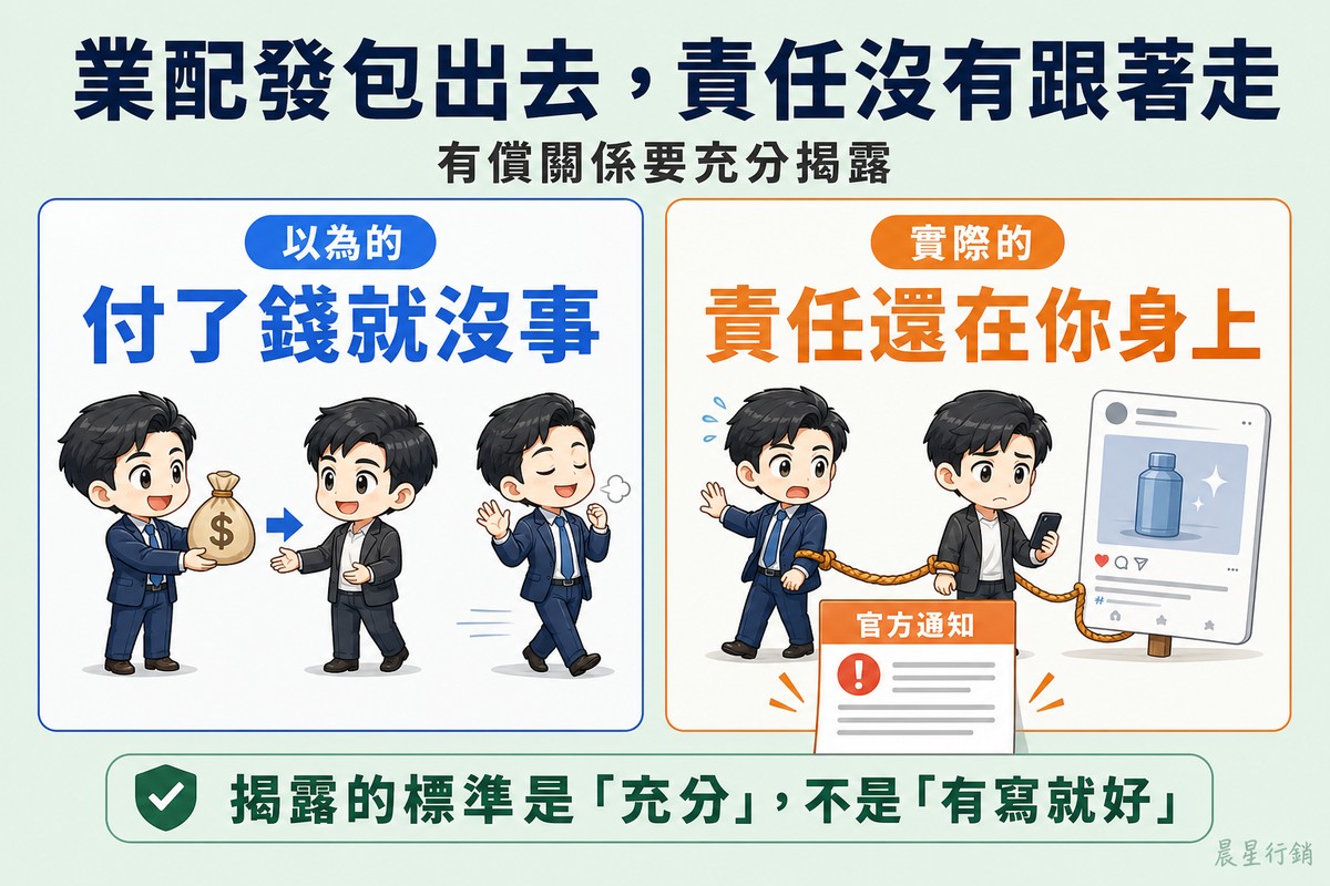 左側橘色區塊,品牌方把一袋錢交給創作者後拍拍手輕鬆走開;右側藍色區塊,同樣兩人之間多了一條繩子把品牌方的手腕連到創作者發出的貼文上,一份公文同時落在兩人面前,品牌方警覺地回頭。