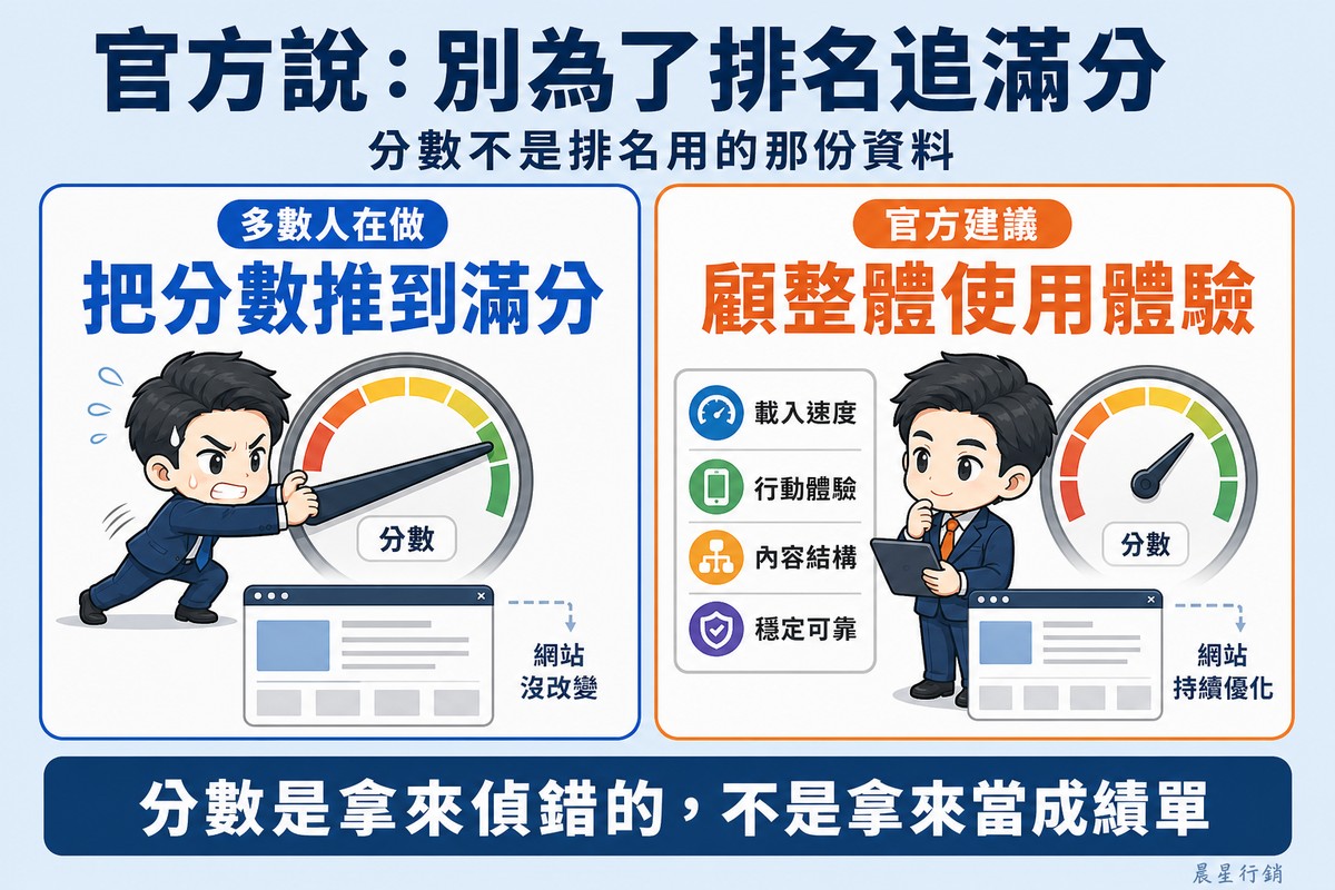 左側橘色區塊,網站經營者滿頭大汗把圓形儀表的指針硬推到頂端,周圍其他東西都沒變;右側藍色區塊,同一人從容地逐項核對一份涵蓋多個面向的清單,儀表留在合理位置。