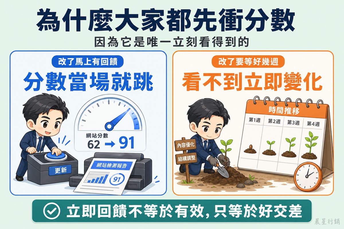 左側橘色區塊,行銷人按下按鈕後儀表指針立刻跳動,旁邊已經印出截圖準備放進報告;右側藍色區塊,同一人把內容與結構的工作種進土裡,看著日曆上一週週過去才有東西冒出來。