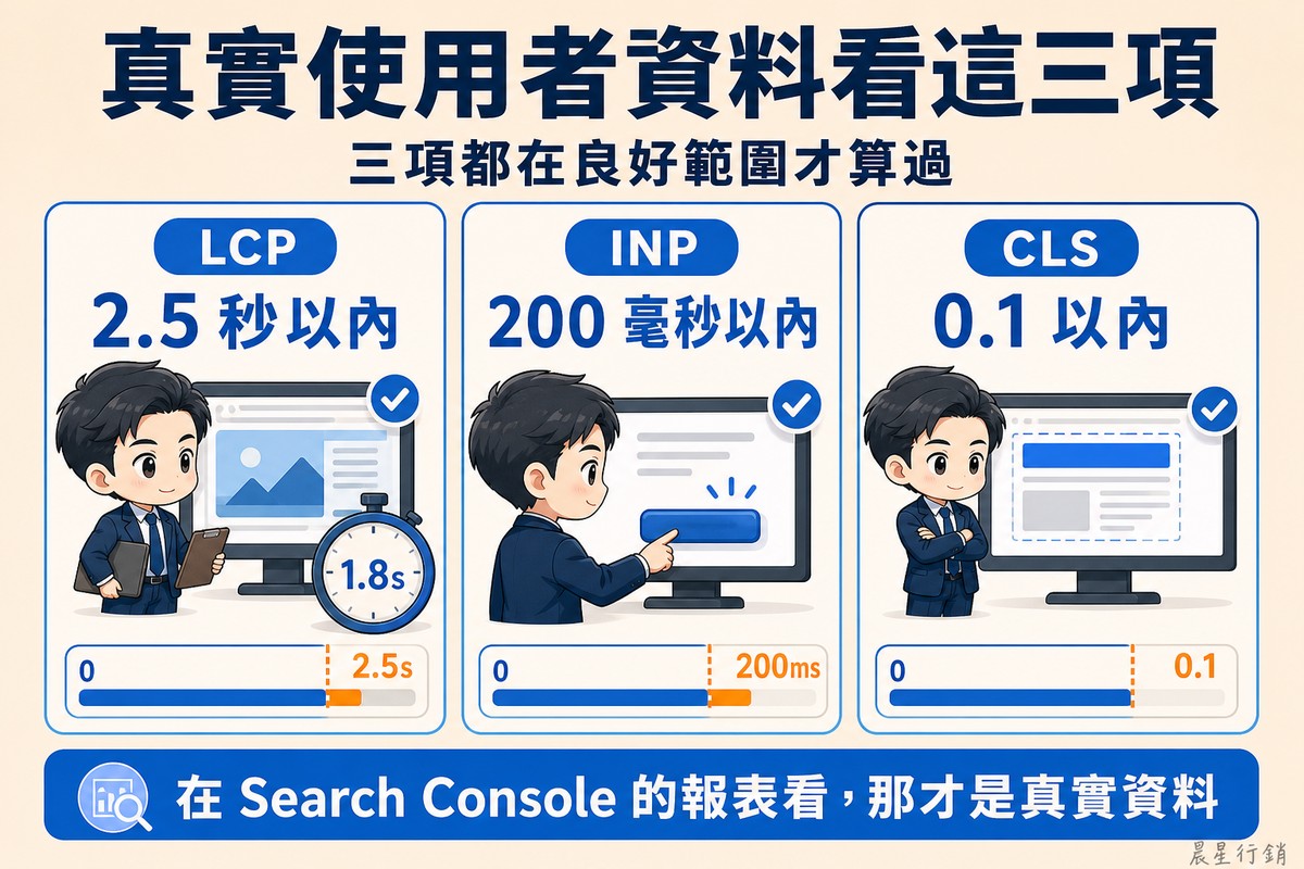 三欄並列的藍色系:LCP 那欄工程師看著頁面主圖載完、計時器停在橘色門檻線以下;INP 那欄按下按鈕畫面立刻回應、短條停在門檻線以下;CLS 那欄頁面載入時區塊完全不跳動、穩定度指針在門檻線以下。
