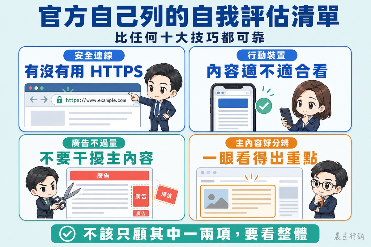 四格方陣:安全連線那格檢視者指著網址列的鎖頭、行動裝置那格拿著手機且文字不必放大就讀得清楚、廣告不過量那格把擠壓內文的大廣告區塊修掉、主內容好分辨那格讀者一眼就認出主文區與側欄的差別。