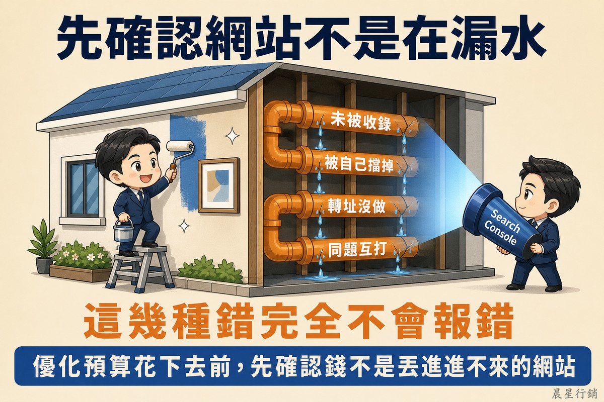 房屋剖面圖:外面的網站經營者開心地粉刷裝飾正面牆,沒發現牆後四條橘色管線正在漏水,分別標示未被收錄、被自己擋掉、轉址沒做、同題互打;右側有人拿著標示 Search Console 的藍色手電筒照出這些漏點。