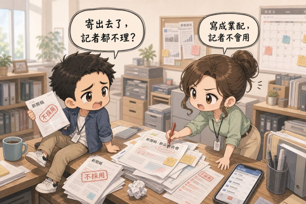 一位男性行銷助理坐在桌邊舉起蓋著不採用章的新聞稿，站著的女性編輯正用紅筆圈出另一份稿子的標題