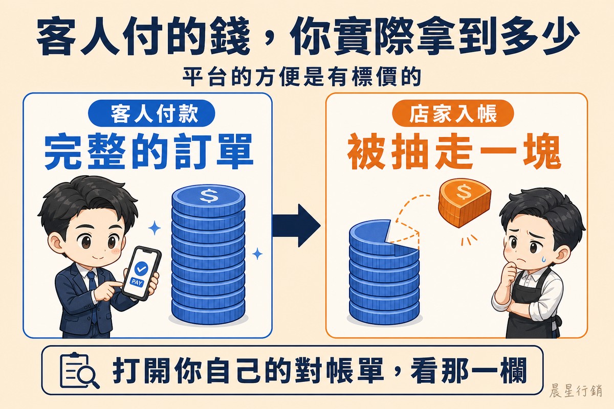 左邊客人用手機付款,旁邊是一疊完整的藍色硬幣;箭頭指向右邊,同一疊硬幣被切掉一大塊橘色楔形,明顯變矮,店主在旁邊皺眉看著。