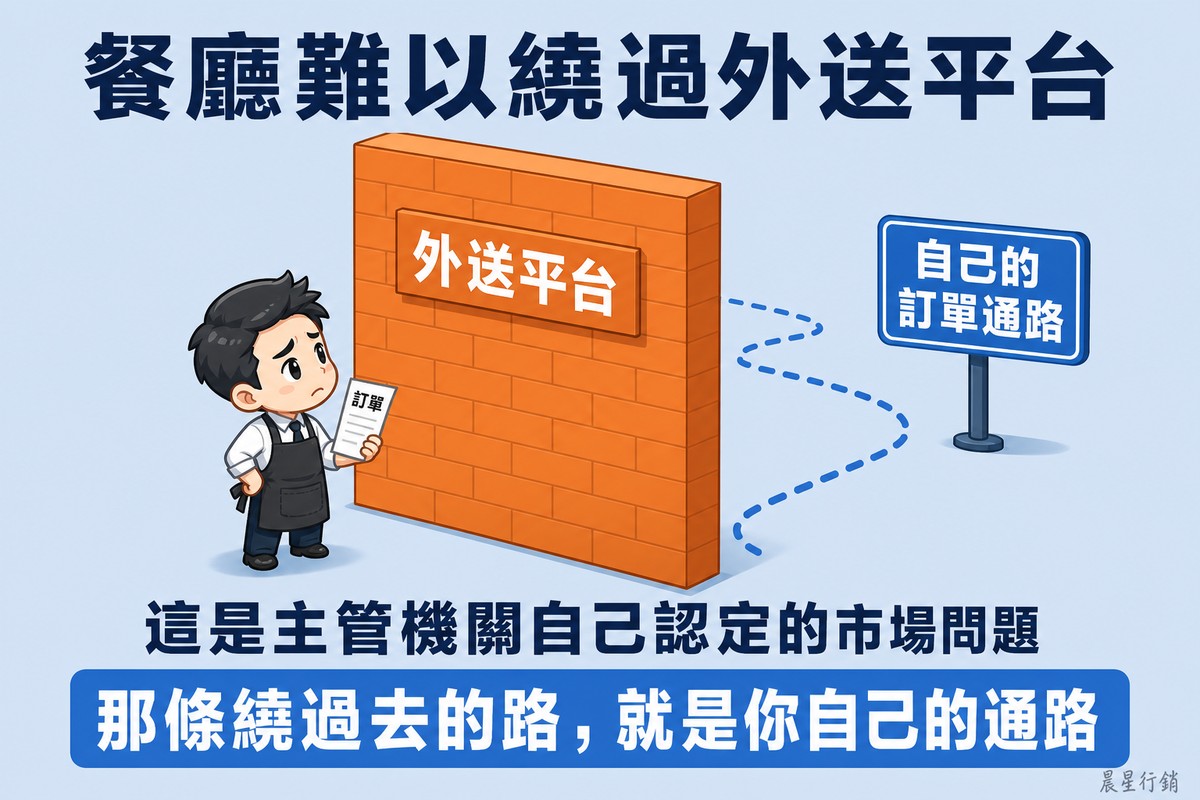餐廳老闆拿著訂單站在一面沒有門的橘色高牆前,牆上寫著「外送平台」;牆邊有一條藍色虛線繞道,標示「自己的訂單通路」,目前還只是未完成的輪廓。