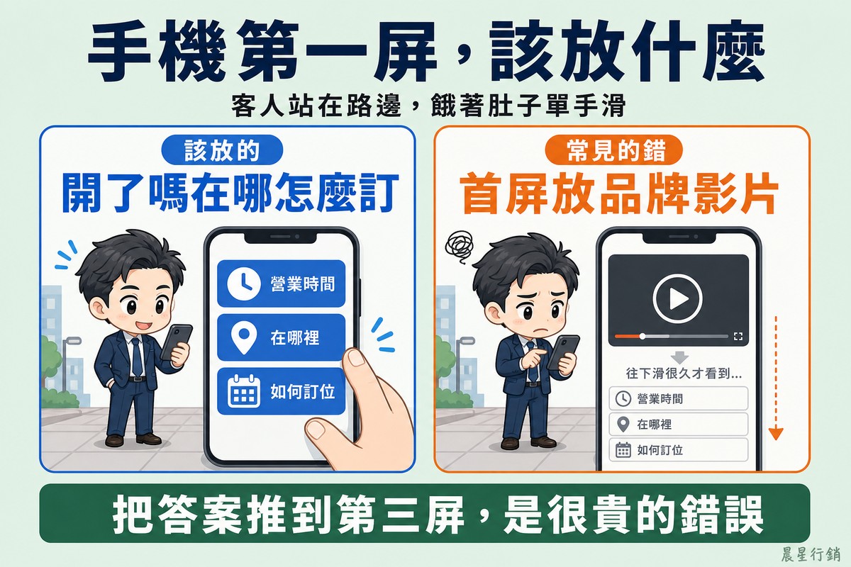 左側藍色手機模擬畫面,第一屏是三個大按鈕,分別配時鐘、地圖釘與日曆圖示,拇指輕鬆按得到;右側橘色手機第一屏被大播放鍵佔滿,三個答案被擠到畫面下方,客人邊滑邊皺眉。