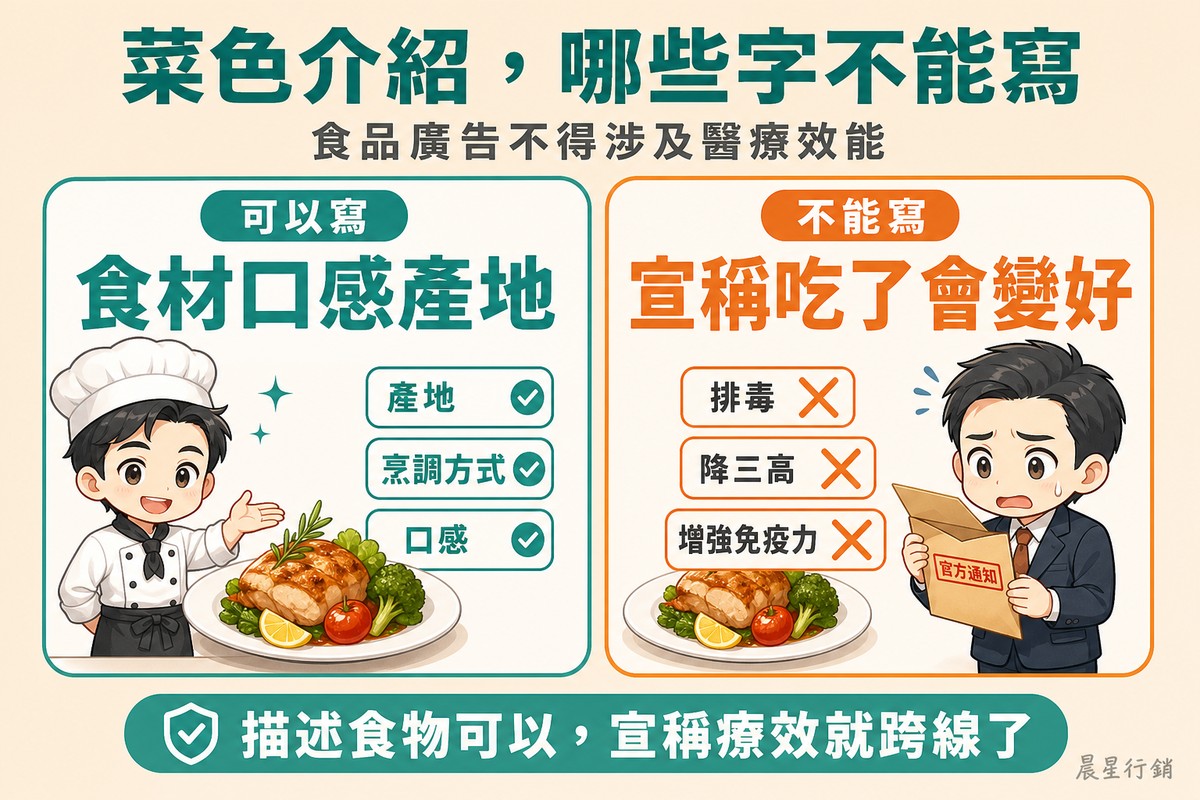 左側綠色區塊,主廚端出料理,旁邊三個標籤寫著產地、烹調方式、口感並打勾;右側橘色區塊,同一道菜旁的標籤寫著排毒、降三高、增強免疫力,全部被打叉,老闆正緊張地拆開公文信封。