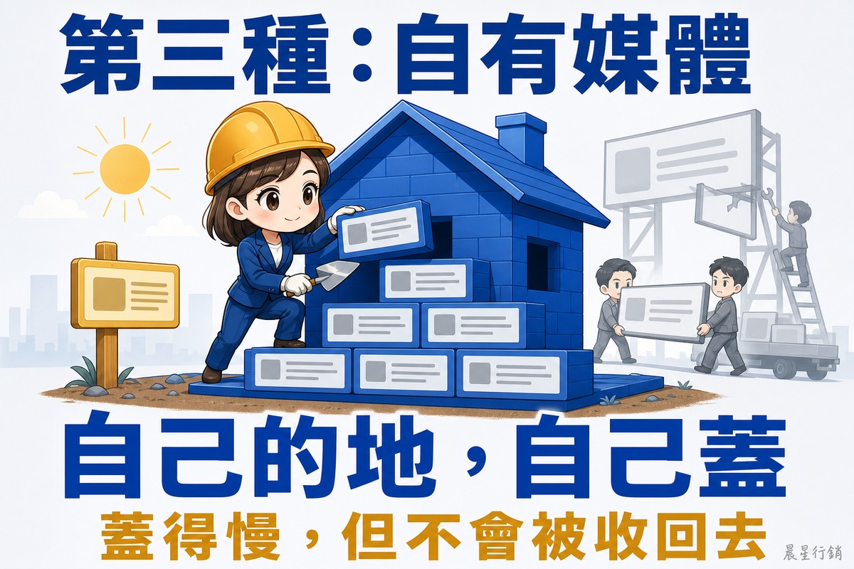 戴黃色安全帽的人物站在自己的土地上,用一塊塊內容卡片砌成一棟藍色房子,旁邊插著金色告示牌,遠方灰色的租用看板正被拆走載離。