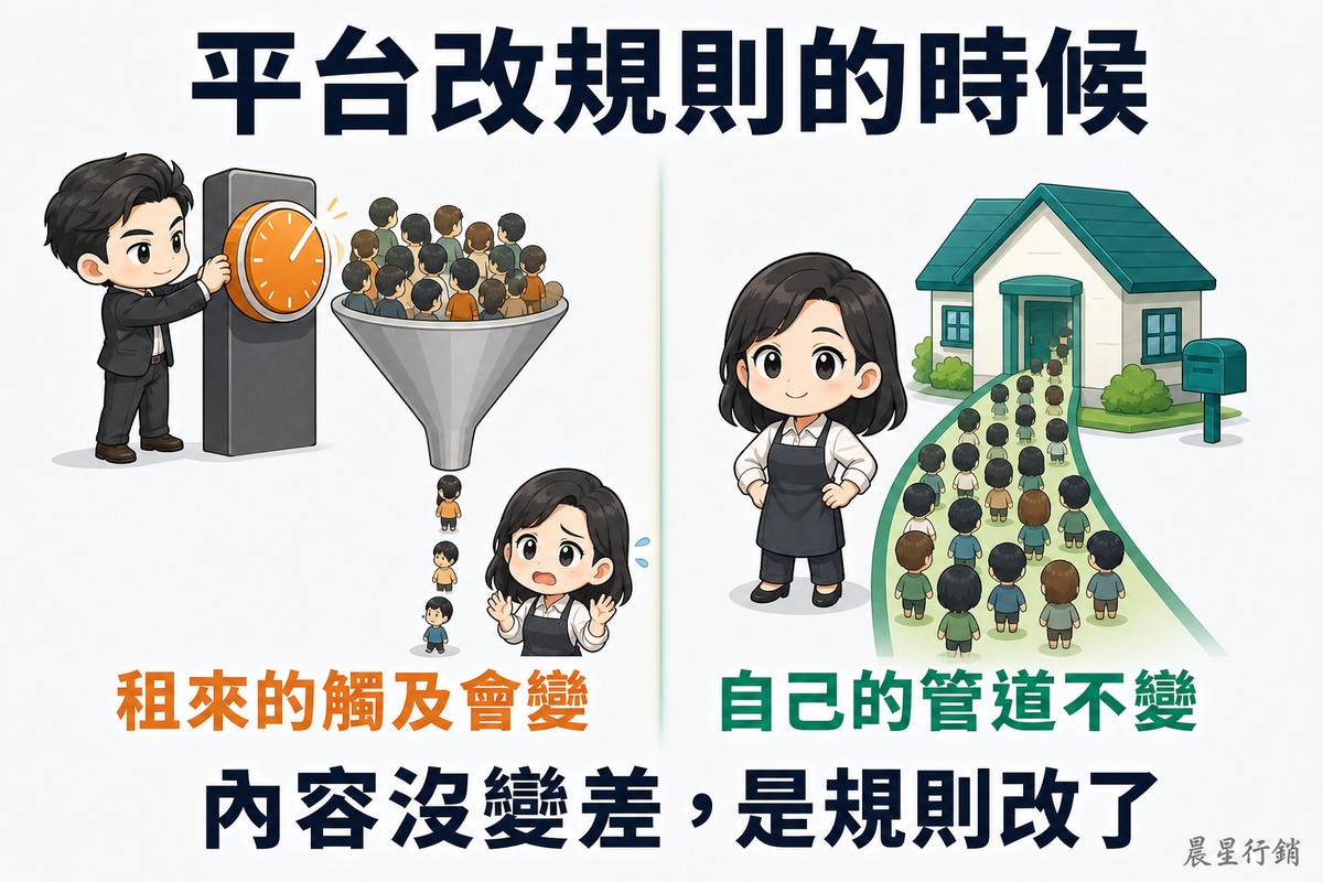因果對照。左側橘色,平台人員轉動大轉盤,下方漏斗把大量受眾擠成細細一條,只有少數抵達驚慌的店主;右側綠色,同一位店主站在自己的房子與信箱前,受眾沿著小路穩定走進屋內。