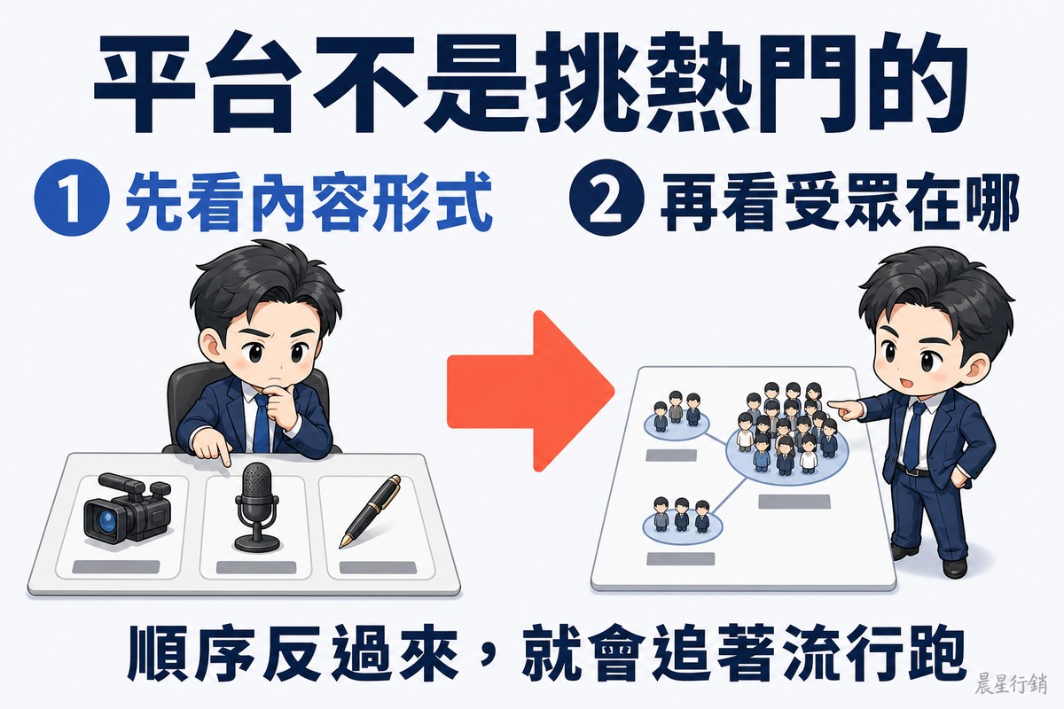 兩步驟流程。步驟一,人物在桌前比較攝影機、麥克風與筆三種工具,手托著下巴決定內容形式;粗橘色箭頭指向步驟二,人物看著受眾分布圖,指向聚集最多人的那一群。