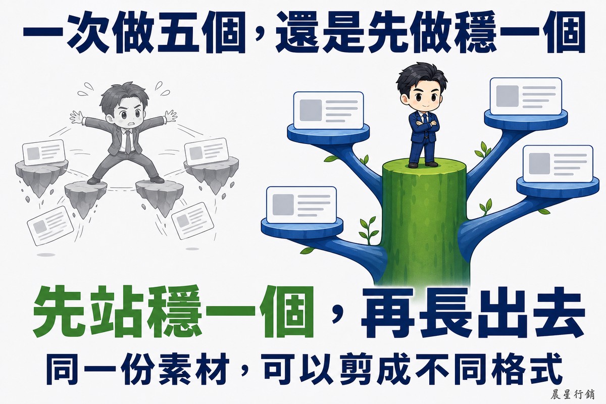 右側人物站在一根粗壯的綠色樹幹頂端,樹幹長出數條靛藍色枝條通往其他載著內容卡片的小平台;左側淡灰色的失敗版本,是同一個人張開四肢勉強踩在五座搖晃的小島上,卡片正在滑落。