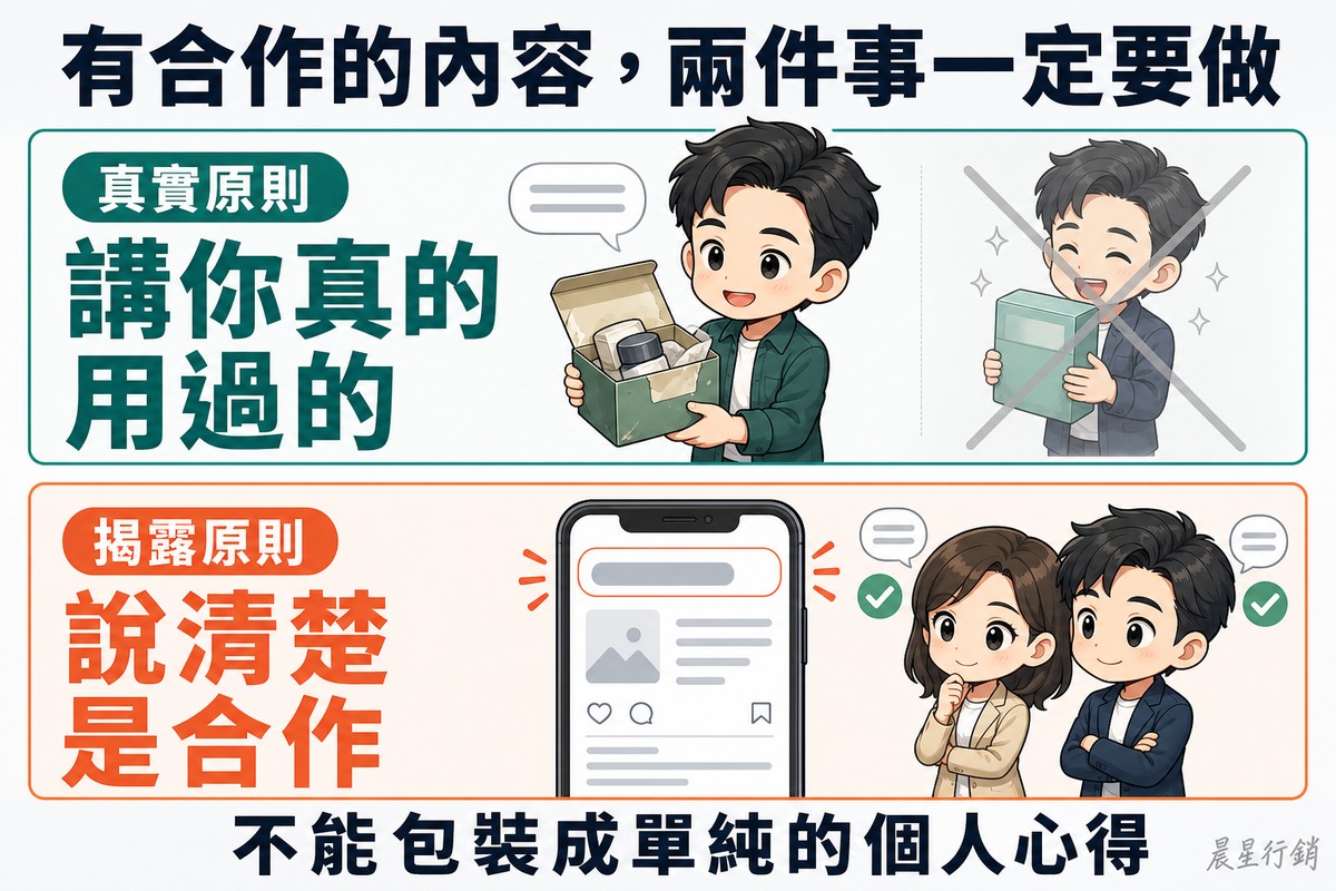 上下對照。上排綠色,創作者拿著明顯用過、包裝已拆的產品誠實分享,旁邊被打叉的淡色小圖是捧著全新未拆的盒子誇讚;下排橘色,手機貼文的最上方是一枚顯眼的合作標示,兩位讀者看了點頭。