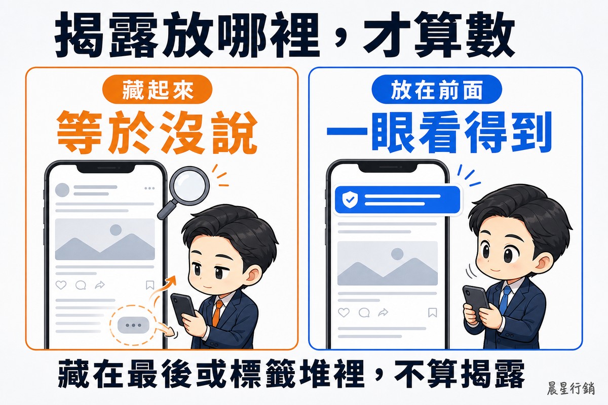 左右對照。左側橘色,手機貼文的揭露標示被藏在最底部、躲在三個點的「更多」按鈕後面,讀者的手指直接滑過沒看到,放大鏡也找不到;右側藍色,同一則貼文把藍色揭露標示放在內容最上方,讀者一眼看到並點頭。