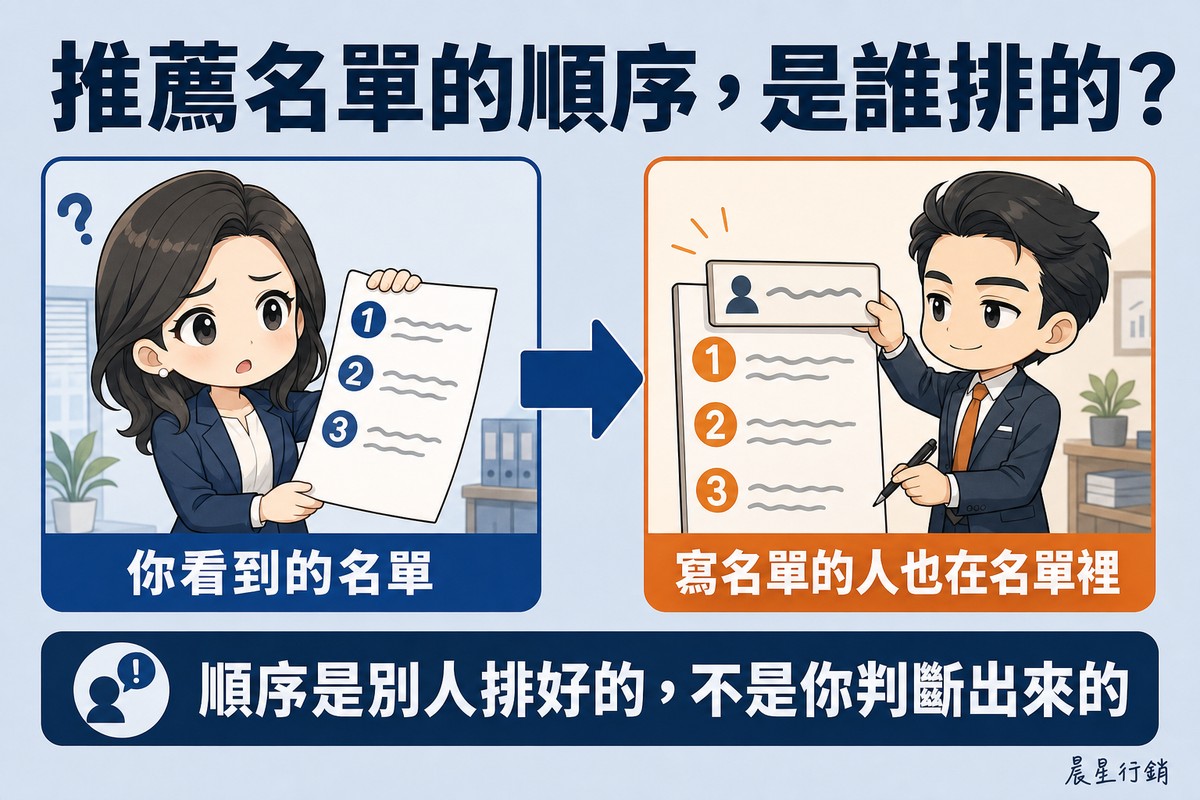 左邊企業主拿著一份標著1、2、3名次的SEO公司推薦名單面露疑惑,右邊一位西裝顧問正把自己的名牌放進名單的第一格。