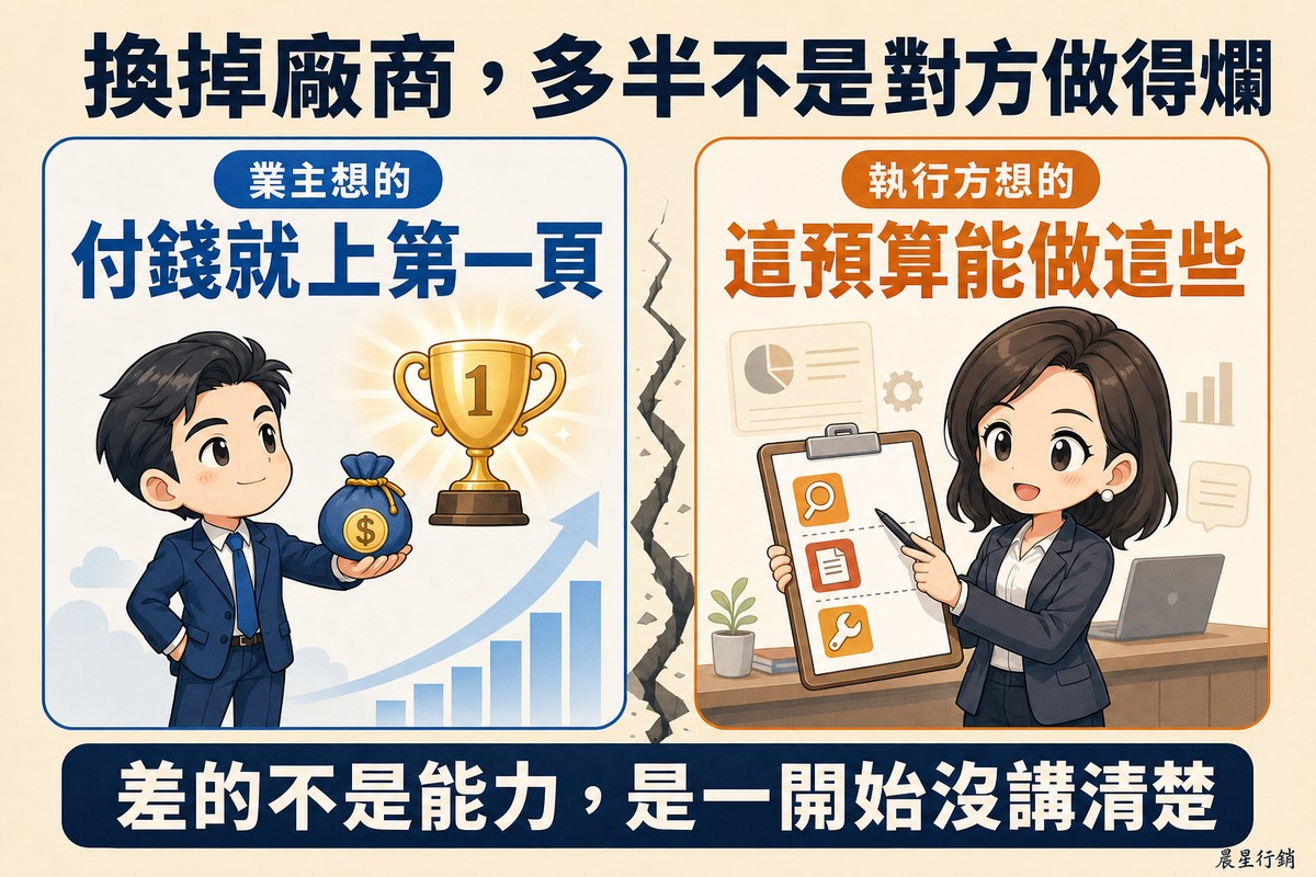 兩張卡片被一道裂縫隔開,左邊業主捧著錢袋、眼睛看著寫有1的獎盃,右邊顧問拿著工作清單指著上面的項目圖示。