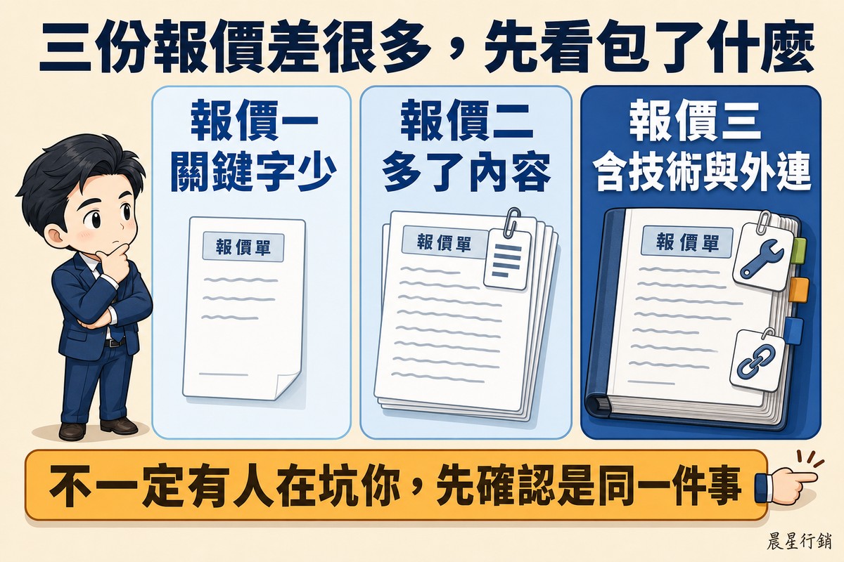 三個欄位由淺藍到深藍排列,分別放著一張薄報價單、一疊報價單、以及一本夾著扳手與鏈結標籤的厚報價冊,左側企業主托著下巴比較。
