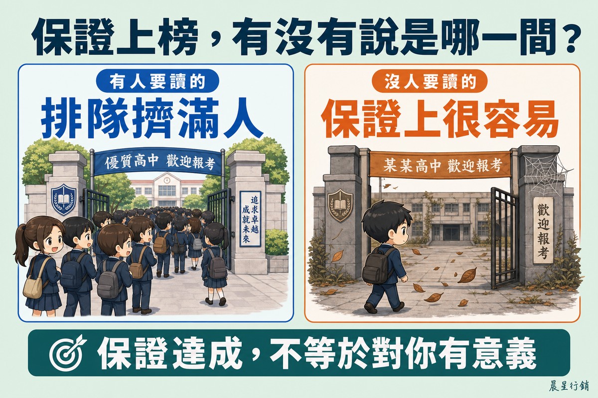 左邊校門口擠滿排隊入學的學生,右邊校門冷清、只有一名學生走進去,門邊結著蜘蛛網、地上散落落葉。