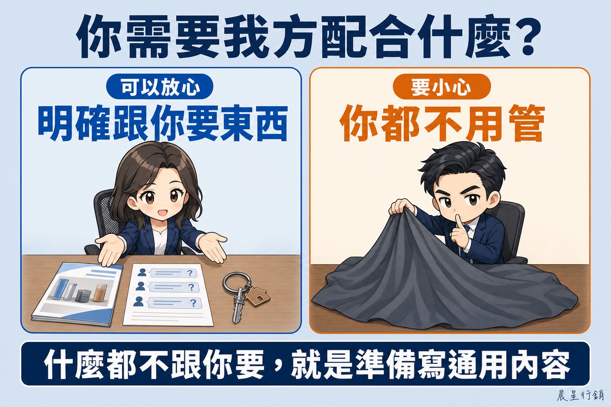 左邊顧問攤開雙手,桌上擺著產品型錄、客戶問題清單與一把掛著房子吊牌的鑰匙;右邊顧問把一塊布蓋住整張桌面並比出噤聲手勢。