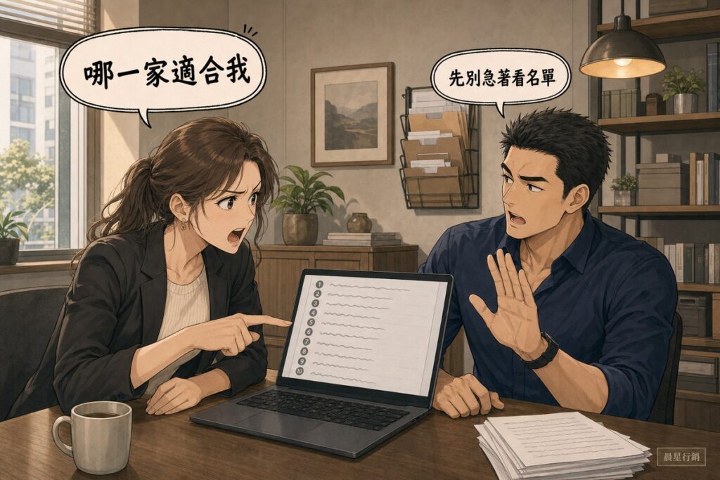 一位女性企業主指著筆電上的SEO公司推薦排行清單皺眉發問,對面的男性顧問舉起手掌示意她先別急著看名單。