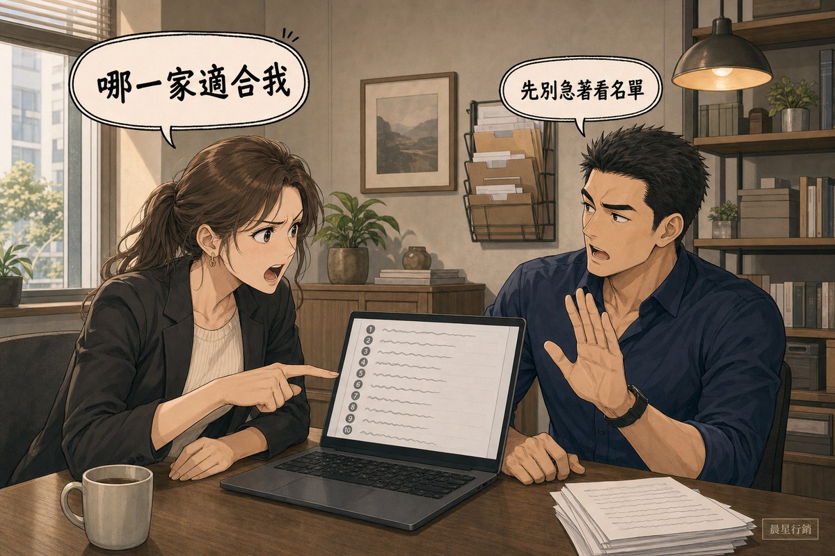 一位女性企業主指著筆電上的SEO公司推薦排行清單皺眉發問,對面的男性顧問舉起手掌示意她先別急著看名單。