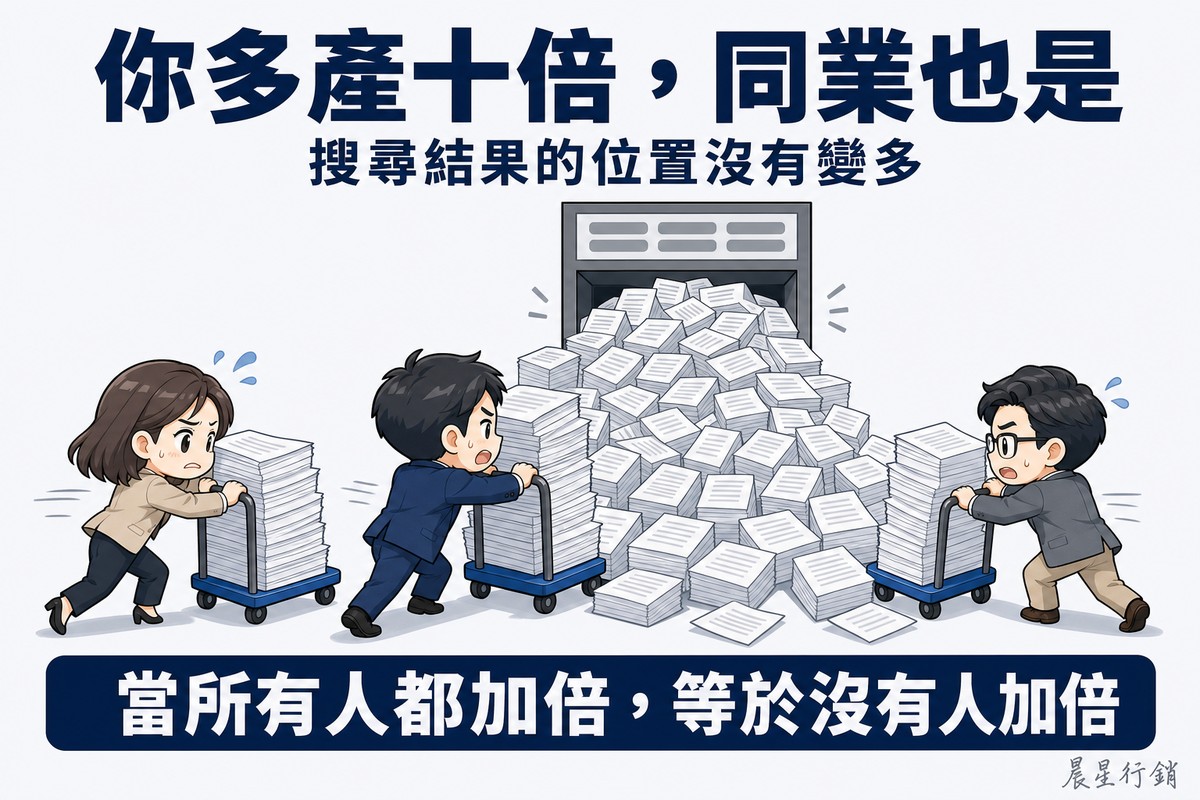 解說圖:一道固定寬度的窄門,門上只有寥寥幾個空位;門前三位Q版企業主各自推著堆滿空白紙頁的推車拚命往前擠,門的寬度完全沒有變大,大多數頁面卡在門外進不去。上方大字「你多產十倍,同業也是」,副標「搜尋結果的位置沒有變多」。