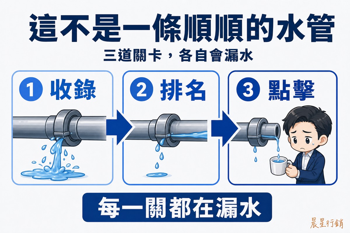 解說圖:三個接頭串在一條水管上,用粗箭頭連接、藍色由淺到深。第一個接頭標「收錄」正在滴水,第二個標「排名」也在滴、水量明顯變少,第三個標「點擊」再滴一次,最後只有細細一道流進Q版企業主手上的小杯子,他一臉錯愕。上方大字「這不是一條順順的水管」。