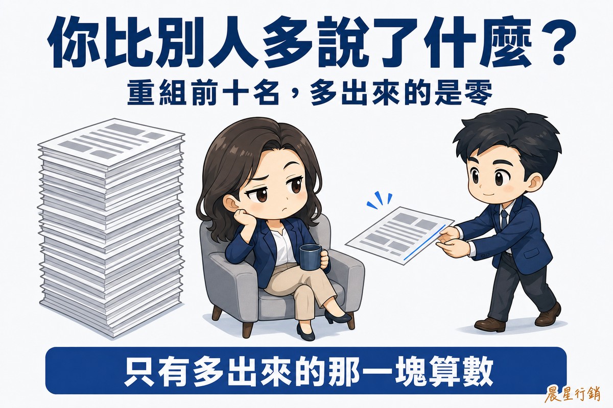 解說圖:一位Q版讀者坐著,身旁堆著她已經看完的一疊灰色頁面;有人又遞給她一張新頁面,而那張新頁面的版面、區塊跟她看過的灰色頁面一模一樣,她挑眉、表情平淡。新頁面只有邊緣一小條亮藍色,代表整張裡唯一真正新增的部分。上方大字「你比別人多說了什麼?」。