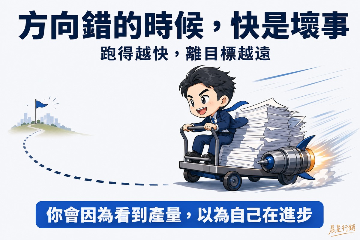 解說圖:一位Q版企業主坐在裝滿空白頁面、噴著火焰的推車上,笑得很得意地往右方高速前進;他真正想去的目的地旗子卻在左後方越來越小,中間用虛線標出他早就錯過的那個轉彎口。他盯著自己的速度,沒有看那面旗子。上方大字「方向錯的時候,快是壞事」。