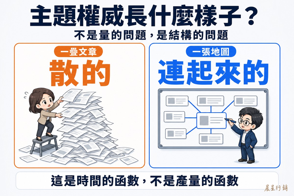 解說圖:左側橘卡畫一疊散亂的頁面堆在地上,彼此之間沒有任何連線,紙張從側邊滑落,一位Q版工作者踩著小階梯再往上放一張,標「一疊文章/散的」;右側藍卡畫一面牆上的地圖,中央一個核心頁面用乾淨的直線連向周圍數個子題頁面,一位Q版策略人員正用馬克筆畫上最後一條連線,標「一張地圖/連起來的」。