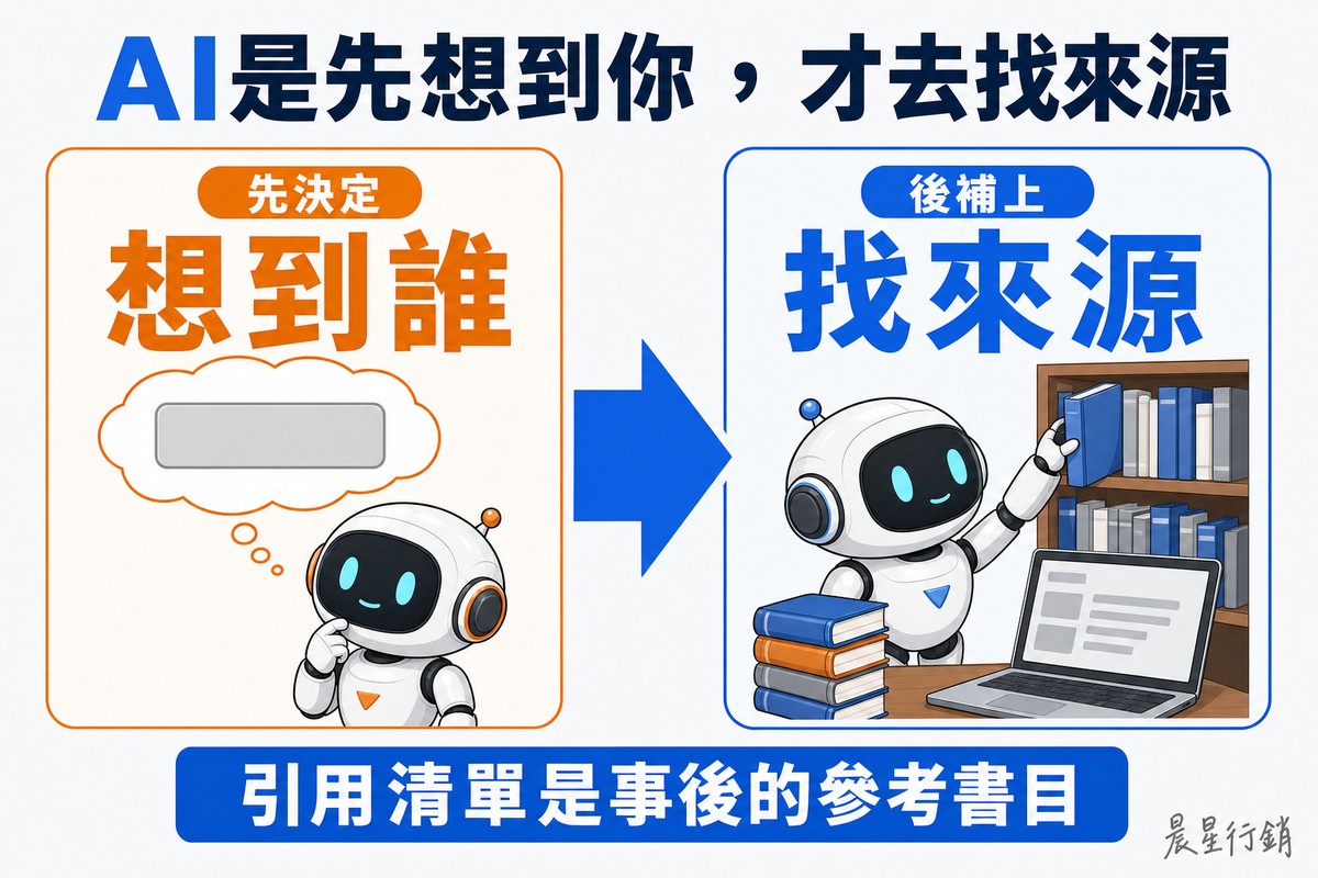 解說圖:左側橘色區塊畫一隻擬人化的Q版機器人,頭上一個大大的想法泡泡,泡泡裡是一張完全空白的名牌形狀——那是它在查任何資料之前就已經認得的名字,標「先決定/想到誰」;一支粗箭頭指向右側藍色區塊,同一隻機器人事後才伸手從書架上抽出參考書,堆在它早就寫好的答案旁邊,標「後補上/找來源」。