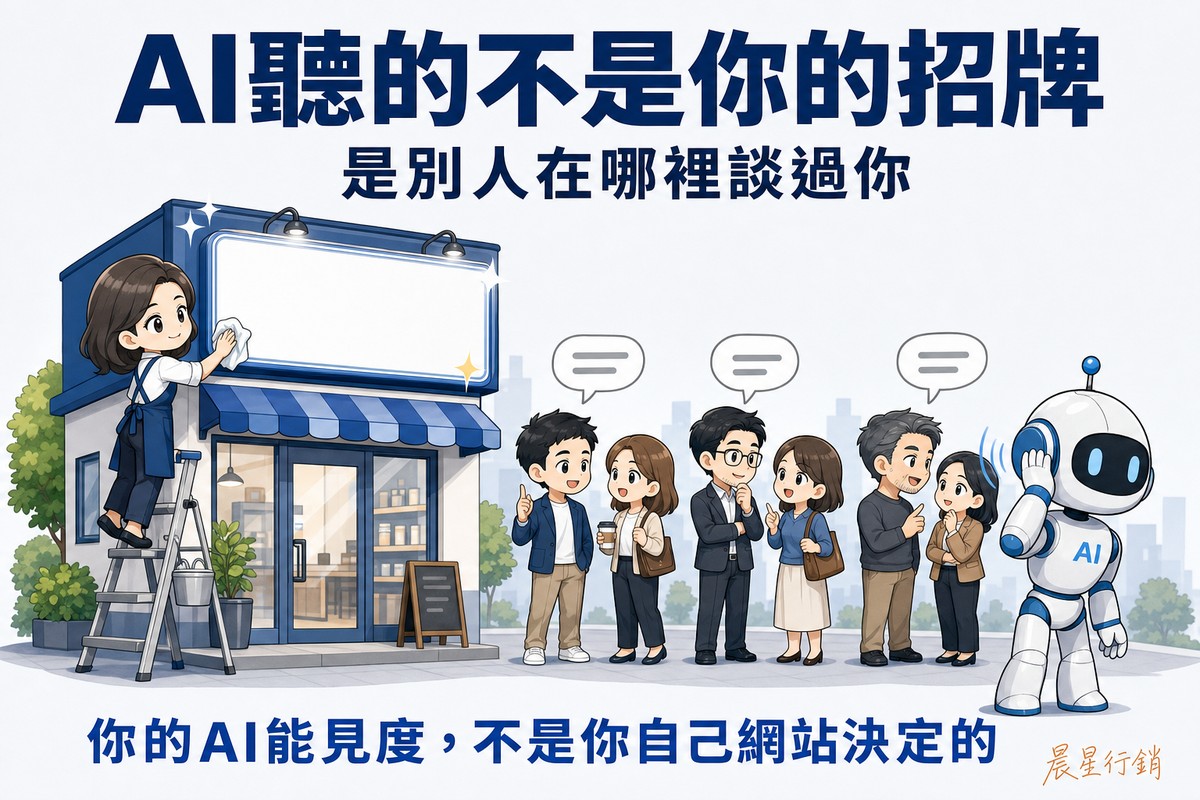 解說圖:左邊一位Q版店主站在梯子上,把自己店門口那塊完全空白的招牌擦得發亮;右下方街道上有四位Q版路人分成小群在談論她,各自的小對話泡泡裡只有簡單的灰色佔位符號;畫面右側一隻Q版AI機器人一手攏在耳後,整個身體明顯朝向街上那些對話、背對著那塊被擦亮的招牌。