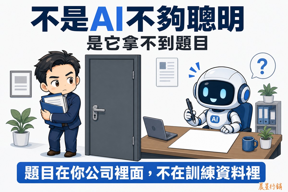 解說圖:右邊一隻能力很強、姿態自信的Q版AI機器人端坐在桌前、筆已經握好準備作答,但它面前攤開的考卷是完全空白的,上面根本沒有印出題目;左邊一扇關著的辦公室門後,一位Q版企業主把真正的題目夾在資料夾裡緊抱在胸前,內容看不見,也遞不到機器人手上。那扇關著的門清楚地擋在兩者中間。